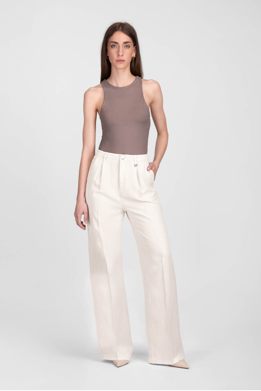 PANTALONE AURELIA WIDE LEG GABARDINA DI COTONE SUPER LEGGERO BEIGE - immagine 2