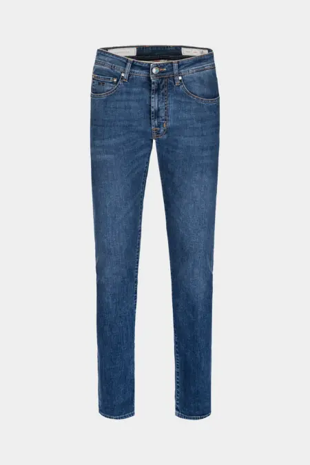 JEANS 5 TASCHE LEONARDO SLIM CON FILO COLORATO IN DENIM STRETCH BLU MEDIO BURANO