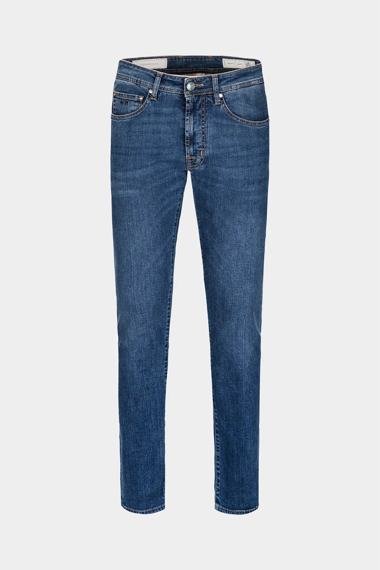 JEANS 5 TASCHE LEONARDO SLIM CON FILO COLORATO IN DENIM STRETCH BLU MEDIO BURANO