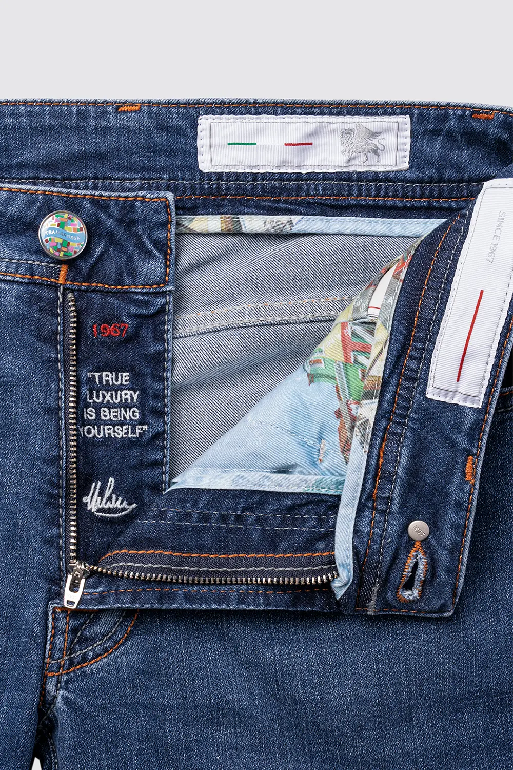 JEANS 5 TASCHE LEONARDO SLIM CON FILO COLORATO IN DENIM STRETCH BLU MEDIO BURANO - immagine 4