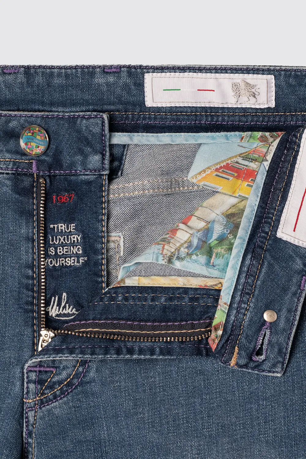 JEANS 5 TASCHE MICHELANGELO REGULAR CON FILO COLORATO IN DENIM STRETCH BLU MEDIO BURANO - immagine 4