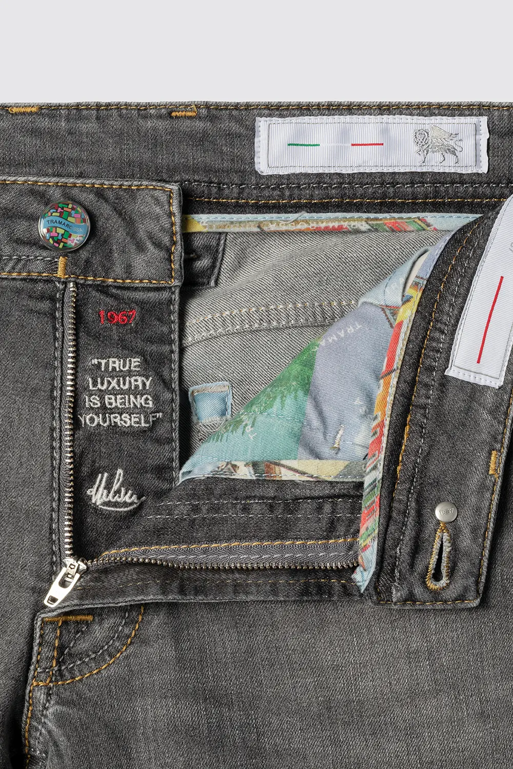 JEANS 5 TASCHE LEONARDO SLIM CON FILO COLORATO IN DENIM STRETCH GRIGIO BURANO - immagine 4